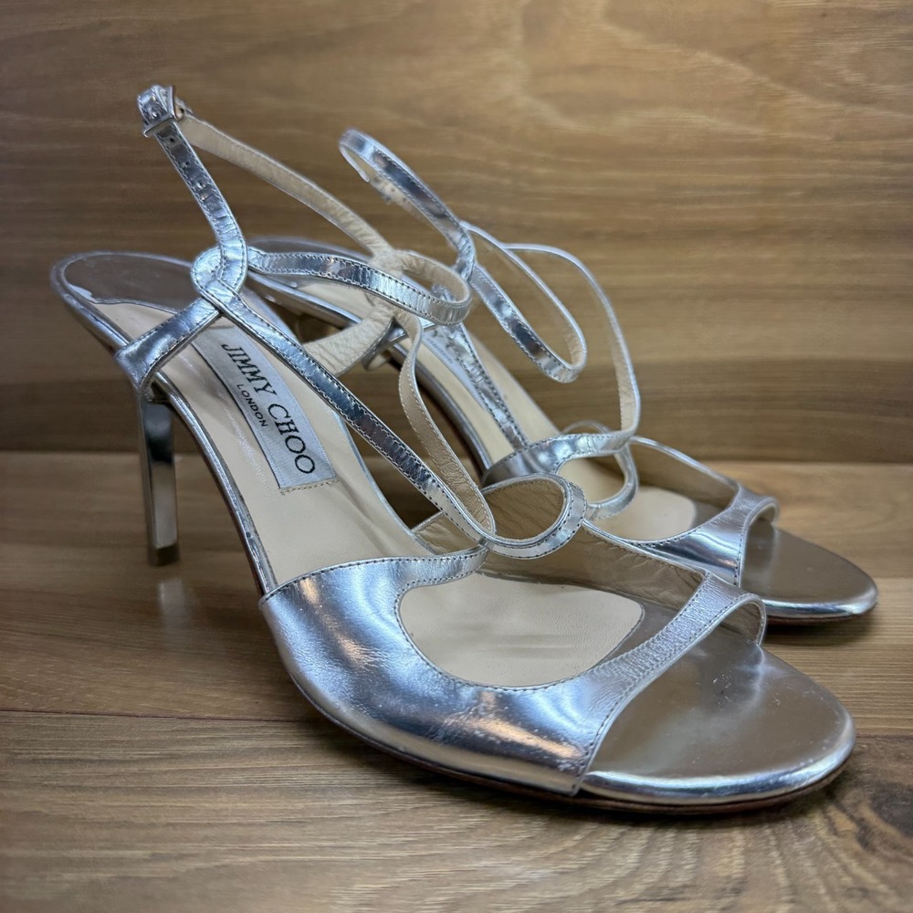 JIMMY CHOO Paxton Heels 9 EU 39 Silver Metallic Leather Ankle Strap Party Formal